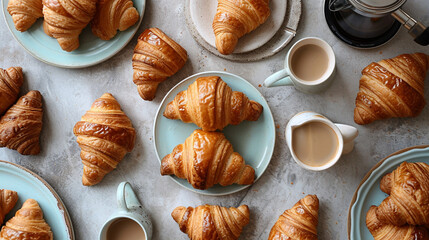 Create a scene of indulgence with an artfully arranged flat lay, featuring a variety of croissants, a French press, and elegant tableware – a feast for the eyes that celebrates the