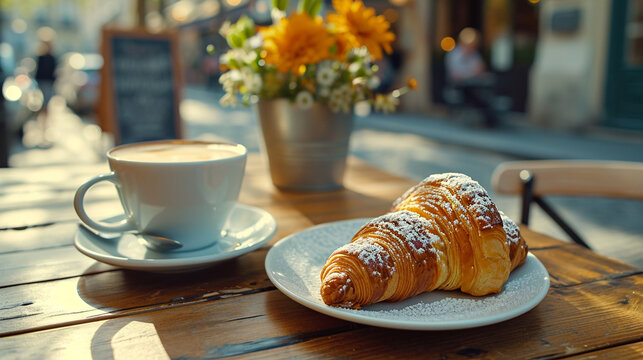 Explore the romance of a sidewalk caf&eacute; with a picturesque scene featuring a vintage saucer, a flaky croissant adorned with powdered sugar, and a classic espresso cup &ndash; a tableau ca