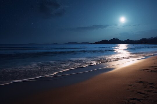  a beach at night with a full moon in the sky and a few stars in the sky above the water.