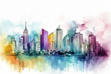 Watercolor illustration of city skyline and skyscrapers. Generative AI