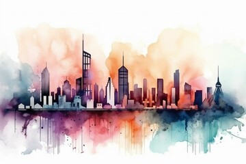 Watercolor illustration of city skyline and skyscrapers. Generative AI