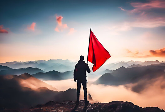 Silhouette of man holding red flag on top of mountain, achievement and success concept
