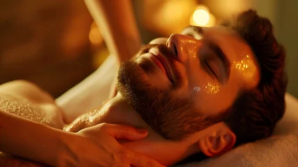 Crédence de cuisine en verre imprimé Spa Young man receiving a professional massage in a spa salon