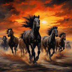 A herd of Friesian horses gallops on top of a sandy beach under a cloudy blue and orange sky with sunset