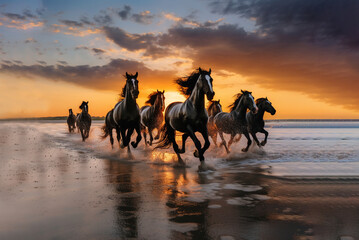 A herd of Friesian horses gallops on top of a sandy beach under a cloudy blue and orange sky with...
