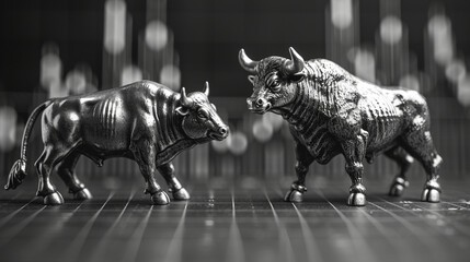 Dynamic bull & bear stock chart award, elegantly designed in silver & black. A symbol of market resilience, with copyspace for a wide banner impact.