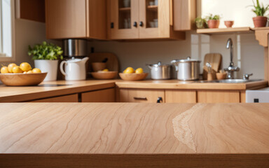 Wooden table against a blurred kitchen counter. Empty table amid a softly blurred kitchen backdrop.