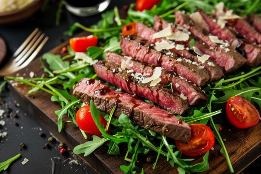 Closeup view of Beef tagliata with arugula, cherry tomatoes, Grana Padano cheese shavings, and balsamic glaze
