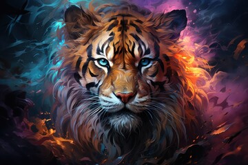  a digital painting of a tiger's face with blue eyes and orange and black fur on a dark background.