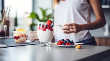 Making a morning smoothie with raspberries, strawberries and yoghurt - obrazy, fototapety, plakaty