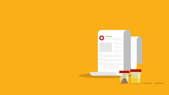 Urine, stool, sperm and blood analysis. Urine, stool, sperm and blood test icon. Medical analysis laboratory test. Medical samples in a plastic box and medical report.