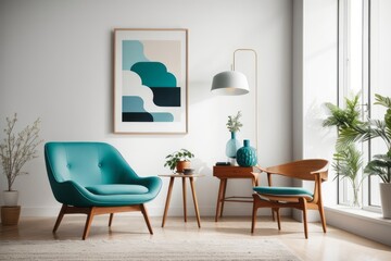 Interior home design of living room with blue wooden chair and art poster frame on white wall
