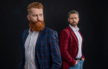 Tuxedo men wear elegant jacket. Elegant men in formalwear. Elegance and style. Two businessmen at...