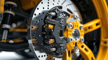 A closeup of the brake calipers mounting hardware reveals its sy and secure attachment to the vehicles rotor