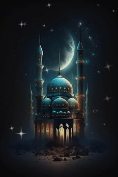 mosque lit up at night showing stars and moon. ramadan kareem. seamless looping 4K video animation background