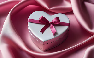 Heart-shaped gift box, nestled on a backdrop of smooth soft pink silk, Valentine's Day, Christmas. Generative AI