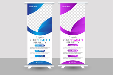 Agency stands roll up banner design stands template. editable roll-up banner vector template.