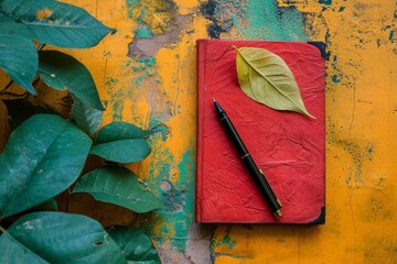 a red notebook, pen and leaves on an old weathered yellow surface