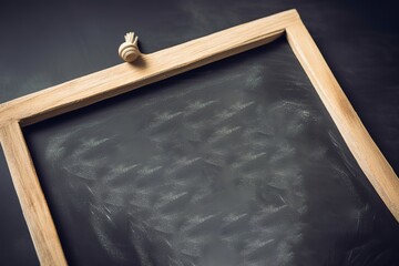 Empty wooden blackboard with chalk dust and two white ceramic figurines on a dark background.