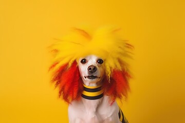 Happy poodle with colorful clown wig on yellow background - obrazy, fototapety, plakaty