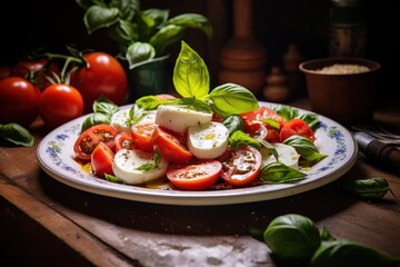  a plate of tomatoes, mozzarella, basil, and mozzarella cheese on a table next to a potted plant.