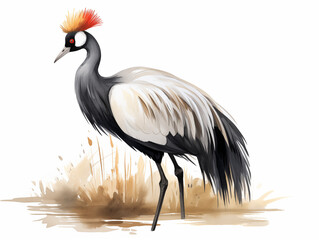 Obraz premium The crowned crane's head has straight golden feather tassels arranged like a crown. Gray body feathers, white wings, short gray bill, and black legs. Watercolor painting.