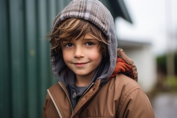 Portrait of a cute little boy in a warm jacket and scarf.
