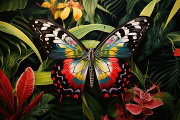  a painting of a butterfly sitting on top of a lush green field filled with flowers and tropical plants with red, yellow, and green leaves.