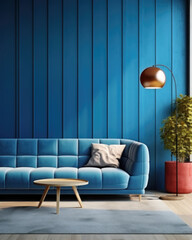Blue sofa against paneling wall. Minimalist loft home interior design of modern living room.