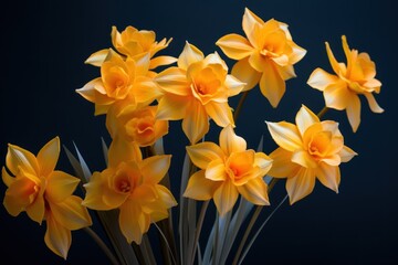  a bunch of yellow daffodils in a vase on a black background with space for text or image.