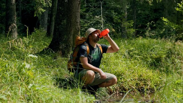 Hiker in the Heart of the Forest, Fills His Bottle from a Crystal-Clear River During a Relaxing Trek