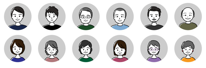 中高年男性・女性の円形アイコンバリエーションセット（枠に線なし・グレー）