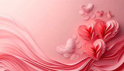 Valentine Day background with paper cut hearts and flowers on pa
