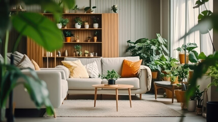 Fototapeta premium Interior of living room with green houseplants and sofas.