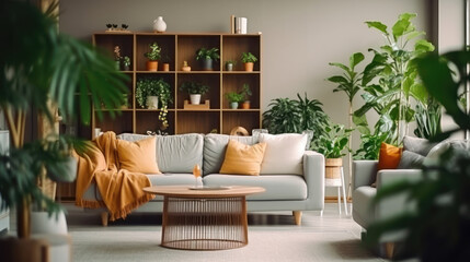 Interior of living room with green houseplants and sofas.