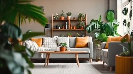 Obraz premium Interior of living room with green houseplants and sofas.
