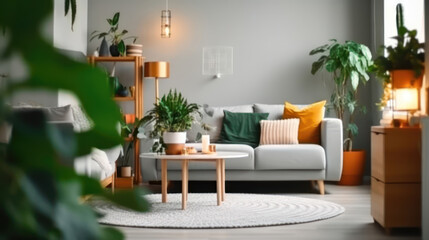 Fototapeta na wymiar Interior of living room with green houseplants and sofas.