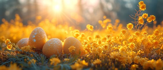 Obraz na płótnie Canvas Nest with easter eggs in grass on a sunny spring day .easter flowers on a yellow-toned decoration, banner, panorama, and studio background, Free Copy Space