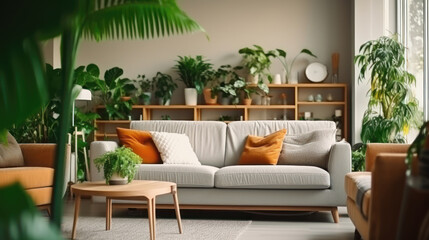 Interior of living room with green houseplants and sofas.