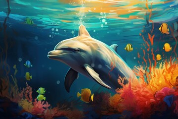  a painting of a dolphin swimming in the ocean surrounded by corals and other marine life, with sunlight streaming through the water.