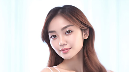 Fototapeta premium Beautiful young asian woman with clean fresh skin on white background, Face care, Facial treatment, Cosmetology, beauty and spa, Asian women portrait.