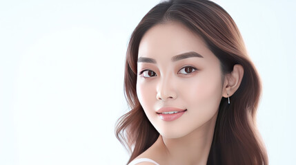 Naklejka premium Beautiful young asian woman with clean fresh skin on white background, Face care, Facial treatment, Cosmetology, beauty and spa, Asian women portrait.