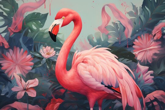  a painting of a pink flamingo standing in a field of pink flowers and greenery with a blue sky in the background.