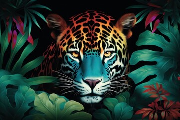  a painting of a leopard surrounded by tropical plants and flowers on a black background with a green leafy border. - obrazy, fototapety, plakaty