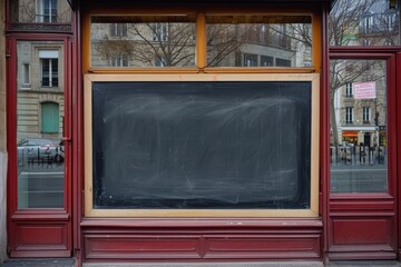 a blank blackboard in the window of a small grocery store