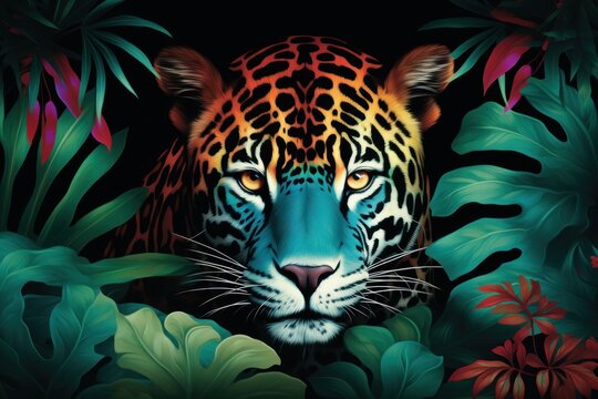  a painting of a leopard surrounded by tropical plants and flowers on a black background with a green leafy border.