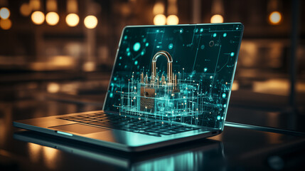 A sleek laptop screen shows a complex 3D padlock, symbolizing cutting-edge cybersecurity and digital data protection in a networked world.
