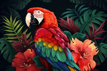  a colorful parrot perched on a branch of a tree surrounded by tropical leaves and flowers on a dark background with red and yellow flowers.