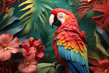  a colorful parrot sits on a branch surrounded by tropical leaves and flowers on a green background with red and yellow flowers.