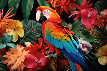  a colorful parrot sitting on top of a lush green leaf filled tree next to red, yellow, and orange flowers.